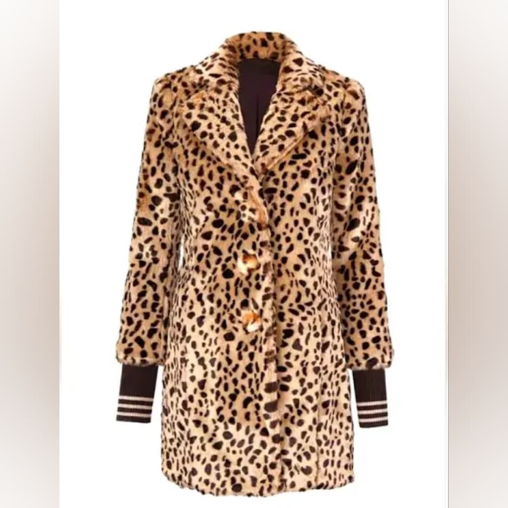 Cabi Josephine Faux Fur Heavy Coat Leopard Print Longline Medium